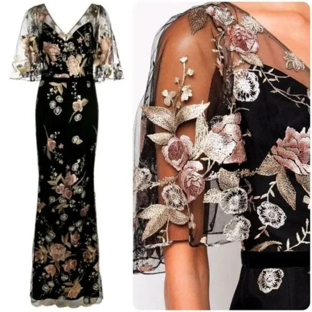 Marchesa Notte Floral Embroidered V-Neck Cape Flutter Sleeve Gown Size 2 - Picture 5 of 11